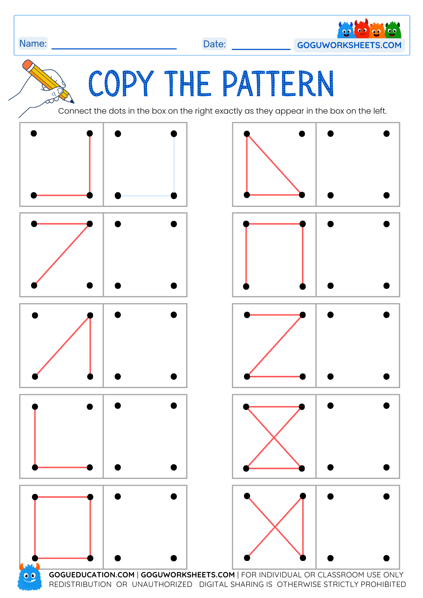 Printable 2x2 dot grid pattern copying worksheet for preschoolers, featuring 12 different geometric line patterns to improve fine motor skills.