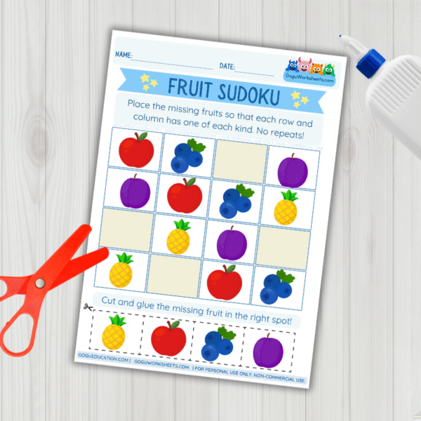 Preview Fruit Sudoku Worksheet Cut and Glue Activity for Kids Gogu Education Worksheets