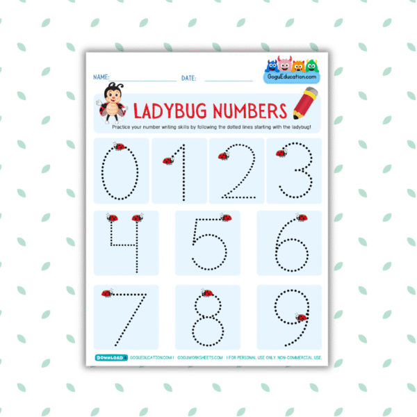 Gogu Education - Numbers 1-10 Tracing Worksheet - Ladybug Helpers