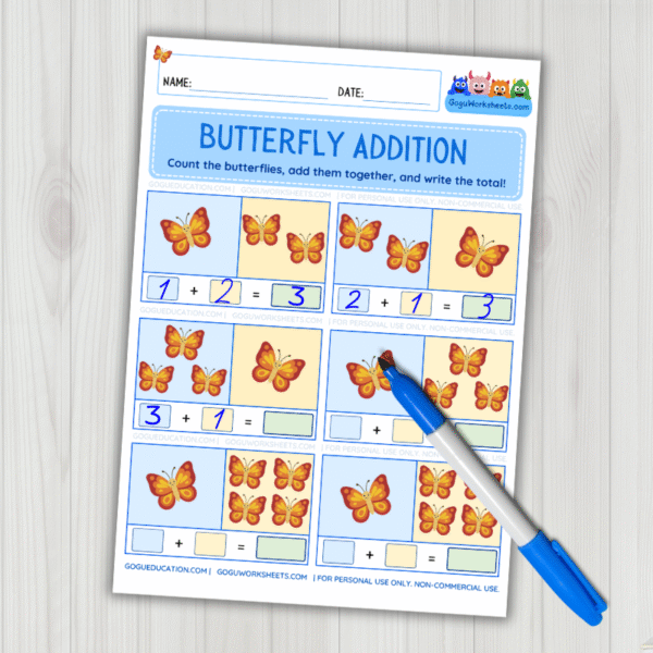 Math Worksheet - Butterfly Addition