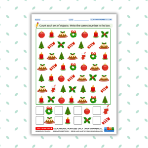 Christmas-themed 'Count and Write' math worksheet for kids featuring festive holiday objects and answer boxes.