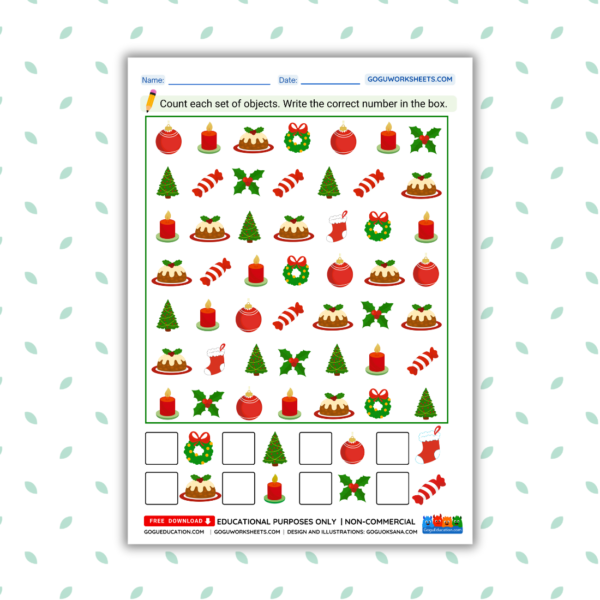 Christmas-themed 'Count and Write' math worksheet for kids featuring festive holiday objects and answer boxes.