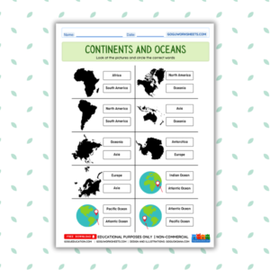 Geography worksheet featuring a blank world map for students to match continent names to their correct locations.