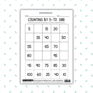 Skip counting by 5s math worksheet with fill-in-the-blank number chart from 1 to 100