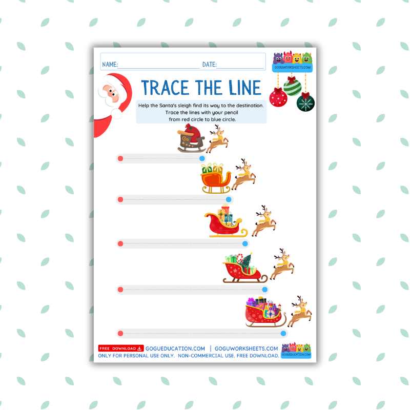 GoguWorksheets.com - Trace the Line Santa's sleigh - GoguEducation.com