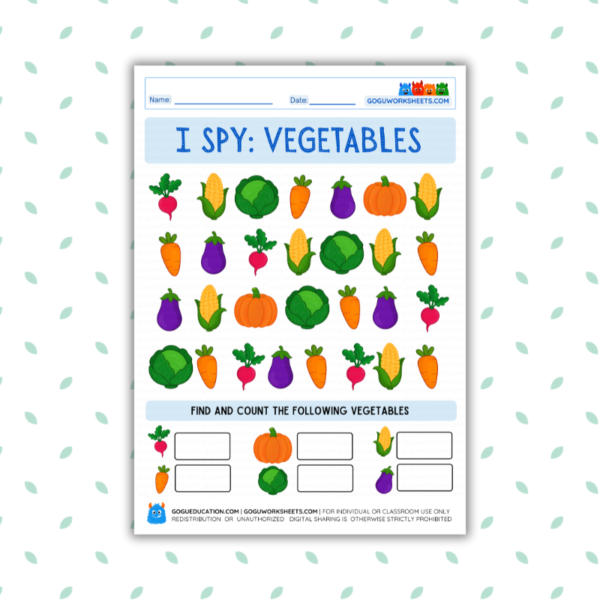 A colorful I Spy Vegetables worksheet featuring rows of radishes, corn, cabbage, carrots, eggplants, and pumpkins with counting boxes at the bottom.