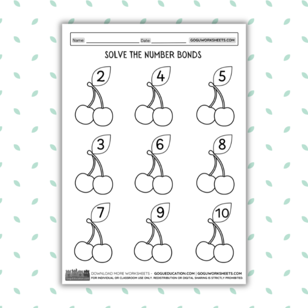 A math worksheet featuring pairs of cherries with numbers on leaves (2, 4, 5, 3, 6, 8, 7, 9, 10) for practicing number bonds and decomposition