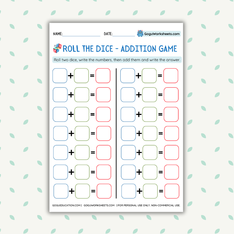 Preview Math Roll the Dice Addition Game Preview Gogu Worksheet