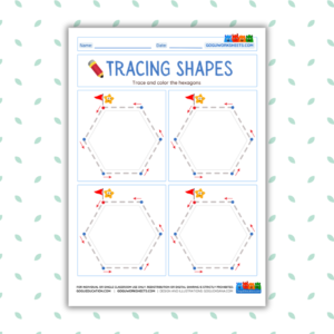 A children's educational worksheet titled 'Tracing Shapes' featuring four large dotted-line hexagons with red starting dots and directional arrows for tracing practice.
