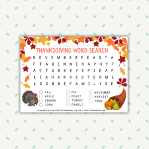 Thanksgiving Word Search Worksheet