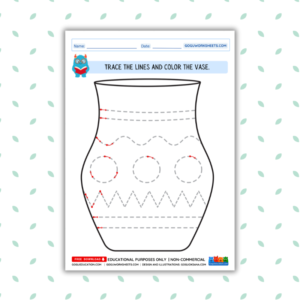 Trace the lines worksheet showing a large vase outline filled with dotted patterns like waves, circles, and zig-zags for children to trace and color.